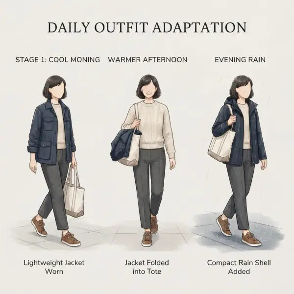 Diagram showing one transitional outfit adapting from cool morning to warm afternoon