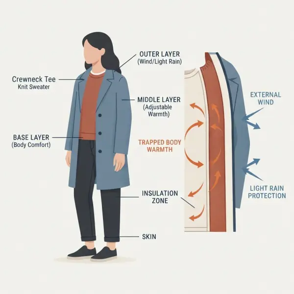Diagram explaining base, middle, and outer clothing layer functions