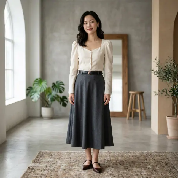 Siluet feminin dengan puff sleeve dan rok A-line dalam coquette style Siluet feminin dengan puff sleeve dan rok A-line dalam coquette style