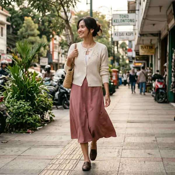 Coquette style sehari-hari dengan cardigan knit dan rok midi