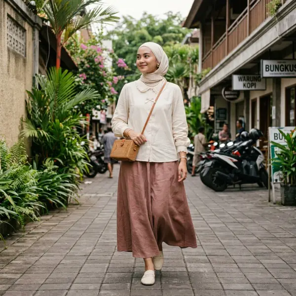 Interpretasi coquette style pada modest fashion dengan blouse feminin dan rok panjang Interpretasi coquette style pada modest fashion dengan blouse feminin dan rok panjang