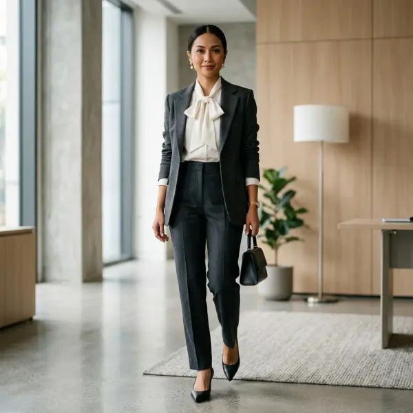 Coquette style dengan blouse pita dan celana tailoring untuk tampilan modern