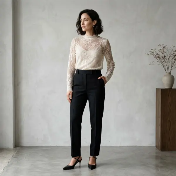 Blouse lace dipadukan dengan celana tailored untuk gaya coquette elegan