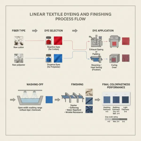 Diagram hubungan jenis serat zat warna dan proses dyeing terhadap color fastness