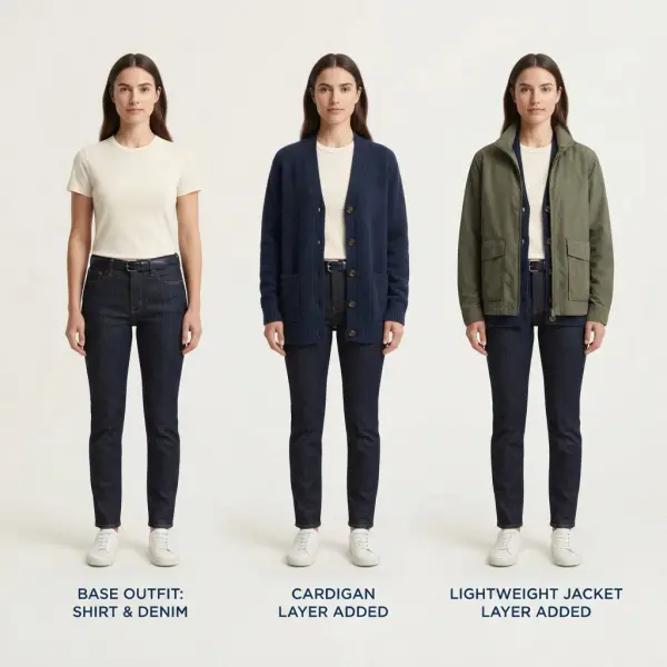 One outfit shown in three practical layering configurations