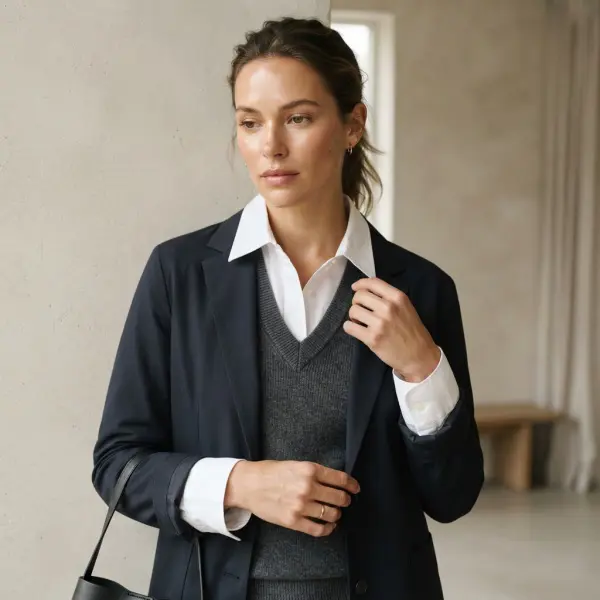 Close view of coordinated textures and proportions in a layered outfit