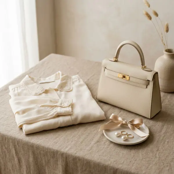 Aksesori minimal berupa pita kecil mutiara dan tas sederhana untuk coquette style