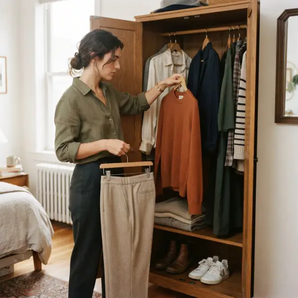 Modern consumer selecting versatile garments from a seasonless wardrobe