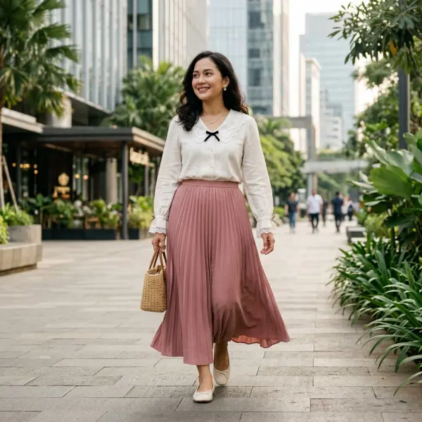Modest coquette style dengan blouse panjang rok maxi dan detail pita