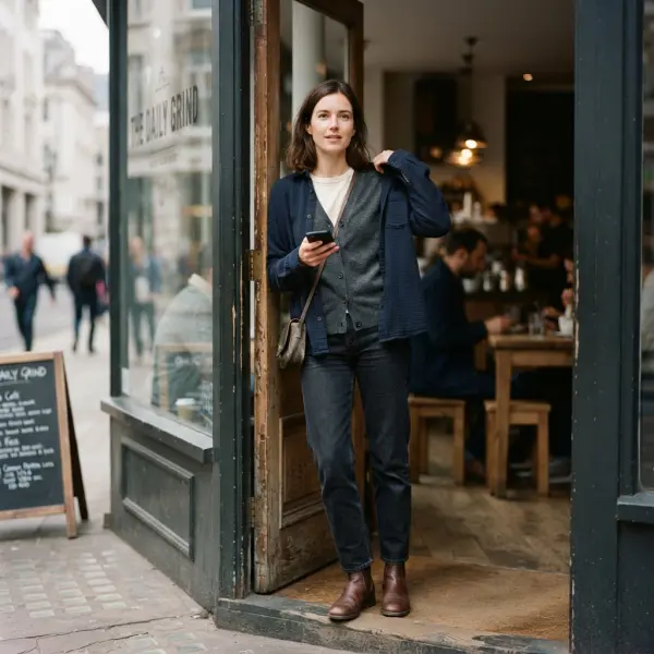 Practical layered outfit adapted for changing temperatures during daily life