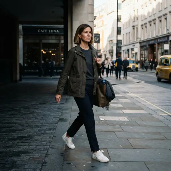 Commuter wearing a lightweight transitional outfit in changing city weather