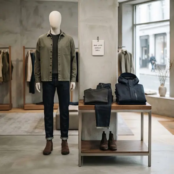 Retail display presenting adaptable outfits for changing weather