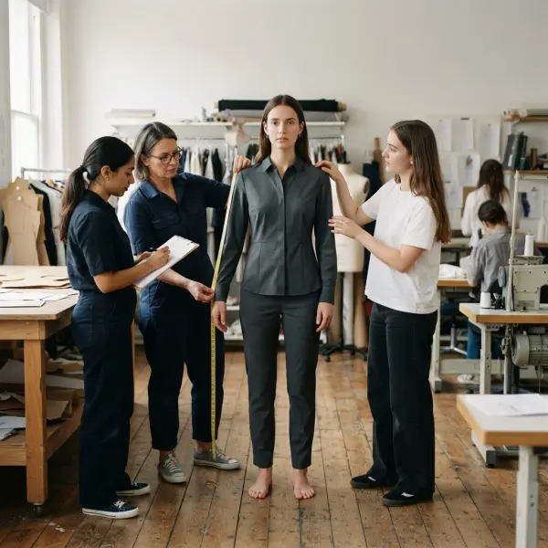 Technical apparel team checking garment fit, measurements, and movement during a fit session Technical apparel team checking garment fit, measurements, and movement during a fit session