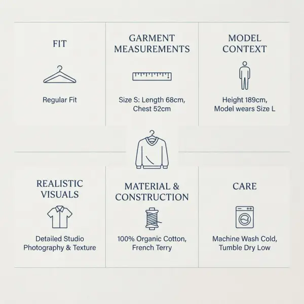 Framework of fit, measurements, visuals, material, construction, and care information for apparel product pages Framework of fit, measurements, visuals, material, construction, and care information for apparel product pages