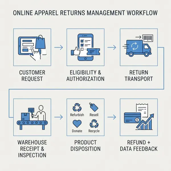 Workflow from apparel return request to refund, restock, and product feedback