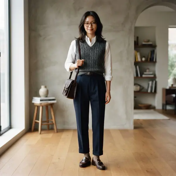 Outfit wanita dengan ciri khas nerdy aesthetic berupa kacamata, kemeja, knit vest dan celana tailored