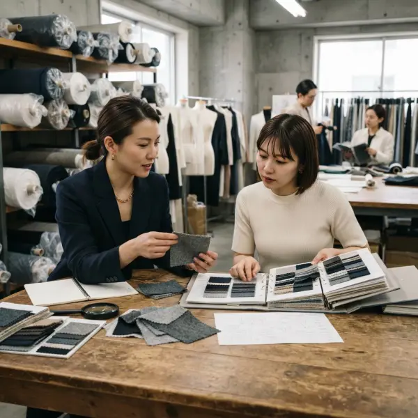 Tim sourcing mengevaluasi sampel kain semi wool dari supplier tekstil Tim sourcing mengevaluasi sampel kain semi wool dari supplier tekstil