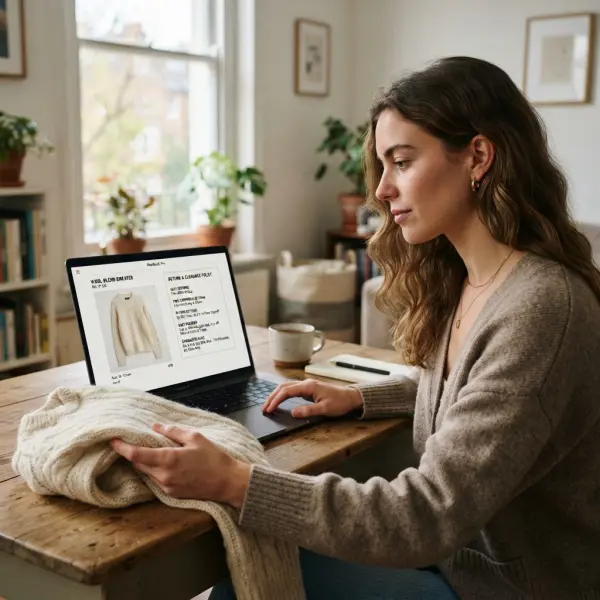 Online fashion shopper reviewing a clear return policy before purchasing clothing Online fashion shopper reviewing a clear return policy before purchasing clothing