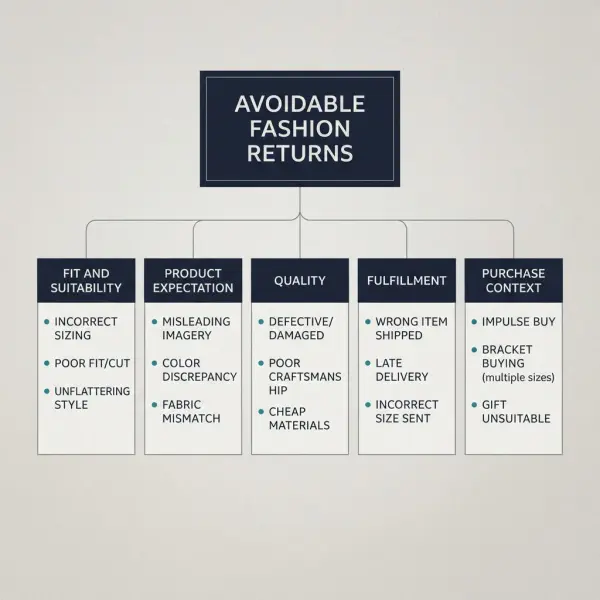 Root-cause map of fit, expectation, quality, fulfillment, and preference-related fashion returns Root-cause map of fit, expectation, quality, fulfillment, and preference-related fashion returns