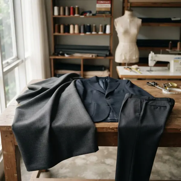 Kain semi wool untuk busana formal dengan tekstur rapi dan tampilan tailoring premium