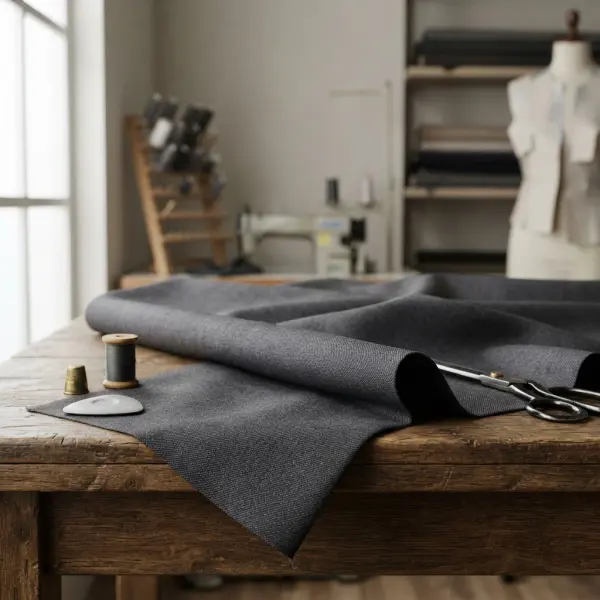 Tekstur kain semi wool dengan permukaan rapi untuk kebutuhan busana formal Tekstur kain semi wool dengan permukaan rapi untuk kebutuhan busana formal