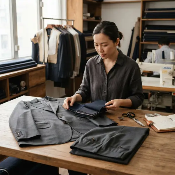 Pemilihan kain semi wool untuk jas blazer dan celana formal di studio tailoring Pemilihan kain semi wool untuk jas blazer dan celana formal di studio tailoring