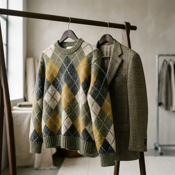Detail motif argyle dan plaid pada pakaian bergaya nerdy aesthetic