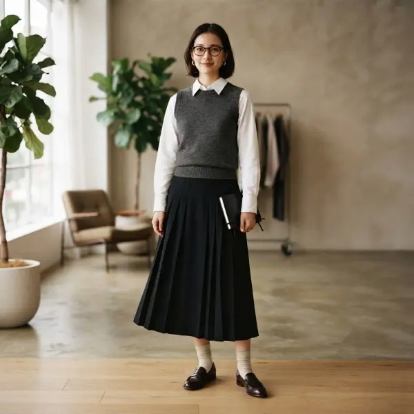 Wanita muda mengenakan outfit nerdy aesthetic dengan kacamata, knit vest, kemeja, rok dan loafers di studio fashion