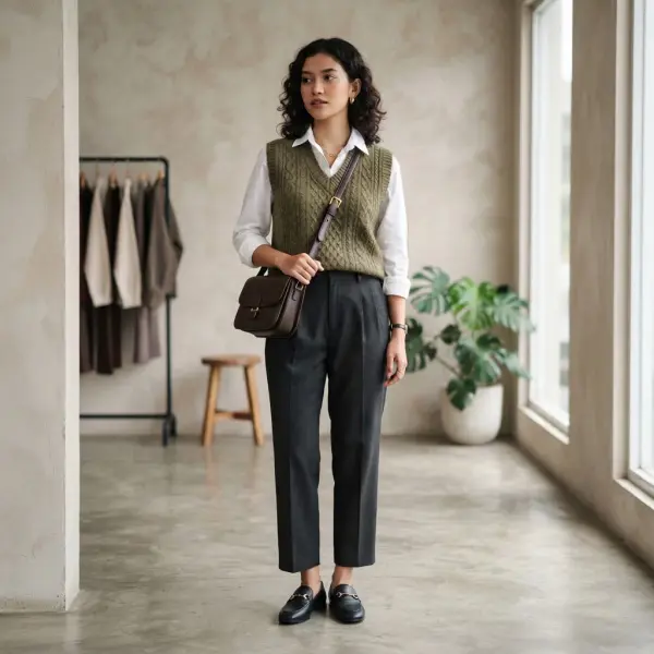 Knit vest dan kemeja berkerah dalam styling nerdy aesthetic modern