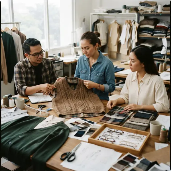 Tim desain fashion mengembangkan koleksi nerdy aesthetic dengan sampel knitwear dan kain