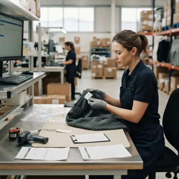 Apparel returns team inspecting and processing garments in an e-commerce warehouse