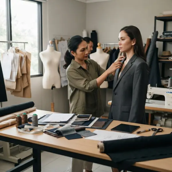Tim fashion mengembangkan blazer formal menggunakan kain semi wool di studio tailoring