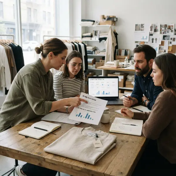Fashion business team reviewing return policy terms, costs, and customer experience Fashion business team reviewing return policy terms, costs, and customer experience