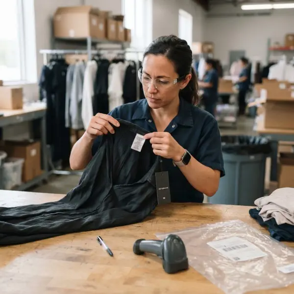 Quality inspector checking the condition of a returned dress before resale