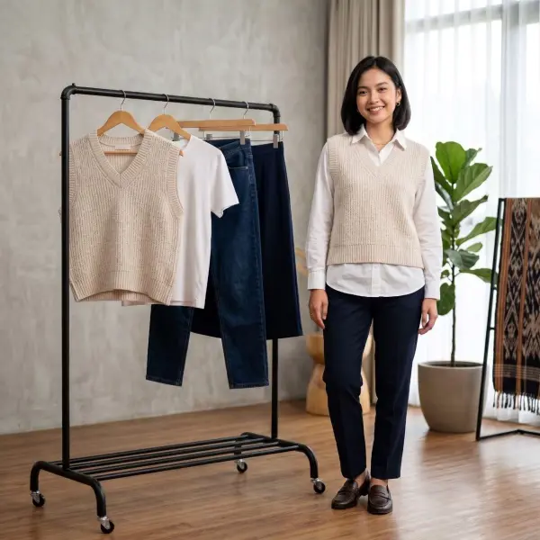 Styling satu knit vest nerdy aesthetic dengan beberapa kombinasi pakaian