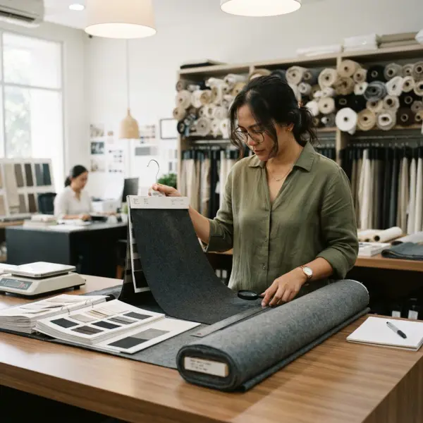Pemeriksaan spesifikasi kain semi wool dari supplier sebelum produksi garment Pemeriksaan spesifikasi kain semi wool dari supplier sebelum produksi garment