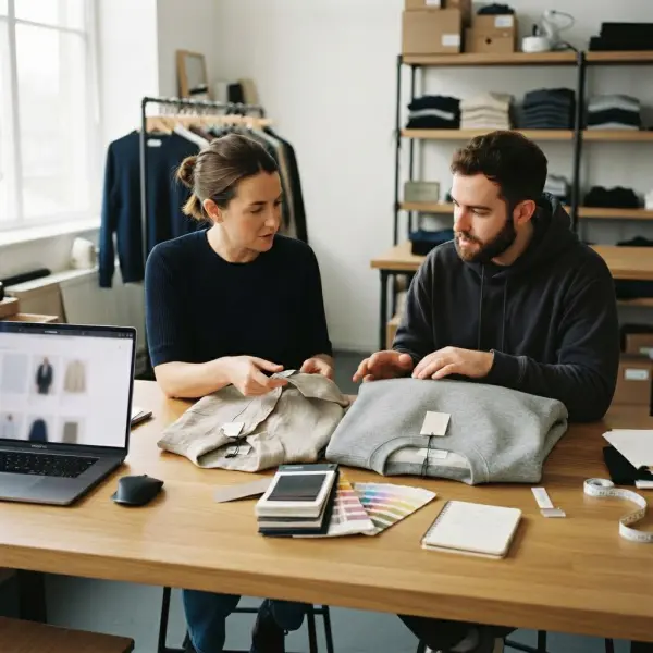 Fashion e-commerce team presenting lightweight and heavyweight garment differences