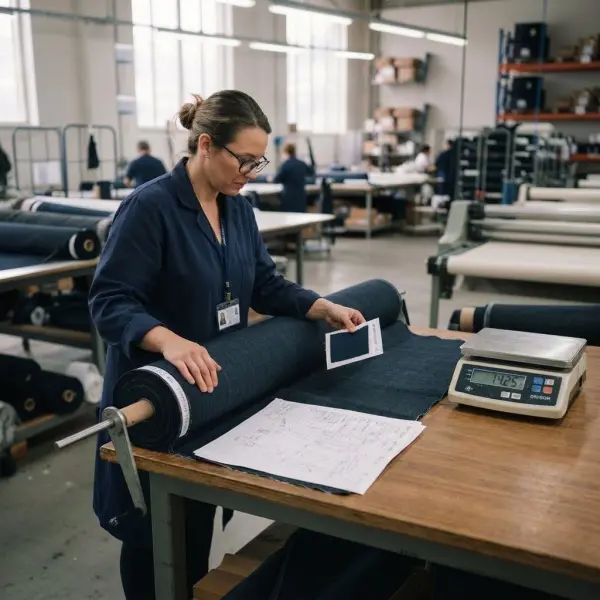 Apparel quality control team comparing bulk fabric with an approved GSM specification Apparel quality control team comparing bulk fabric with an approved GSM specification