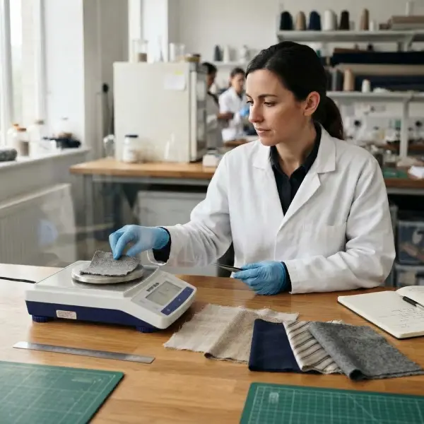 Fabric swatches being weighed to determine grams per square metre Fabric swatches being weighed to determine grams per square metre