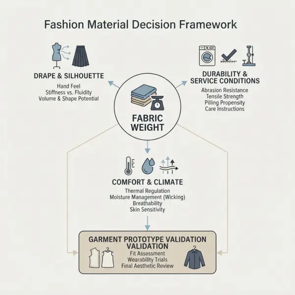 Framework connecting fabric weight with drape, durability, comfort, and garment testing