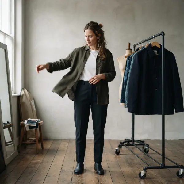 Wearer comparing lightweight and heavier fabric garments for movement and comfort