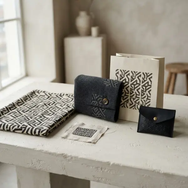 Sistem identitas visual fashion brand menggunakan motif berulang pada kain, label, kemasan dan aksesori