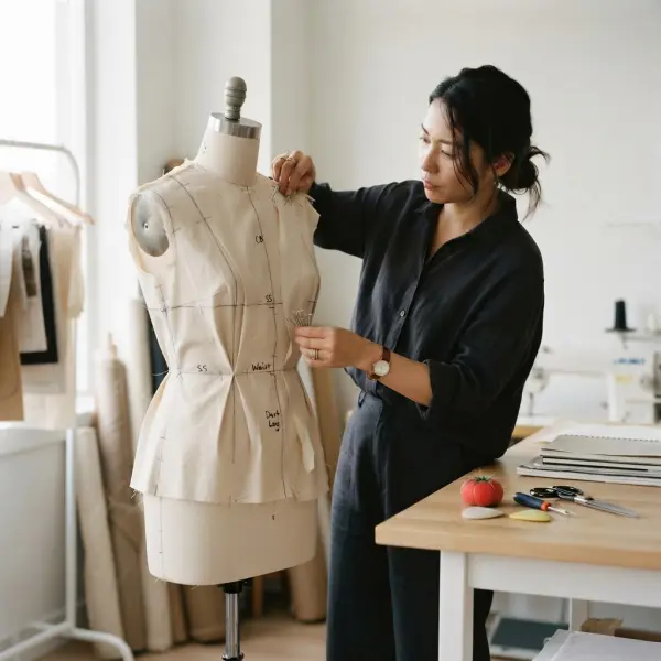 Desainer fashion mengevaluasi toile dari kain muslin pada dress form