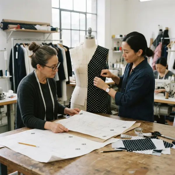 Pattern maker dan fashion designer mengatur placement motif polkadot pada pola pakaian