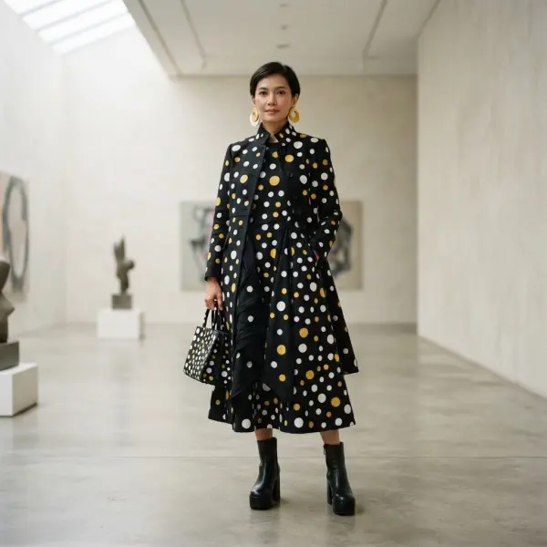 Gaya fashion terinspirasi Yayoi Kusama dengan motif polkadot pada busana kontemporer