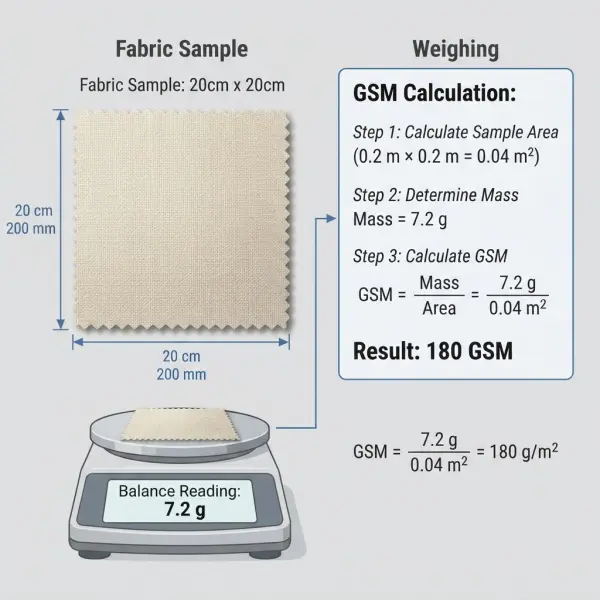 Diagram explaining how fabric sample area and mass are converted into GSM Diagram explaining how fabric sample area and mass are converted into GSM