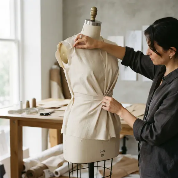 Kain muslin digunakan untuk draping pada dress form di studio fashion