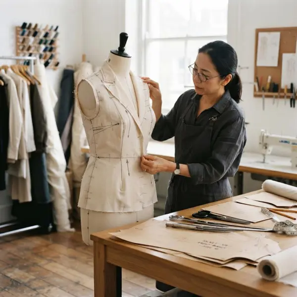 Pattern maker menggunakan kain muslin untuk membuat toile pakaian