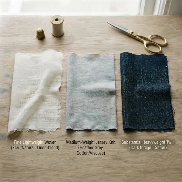 Comparison of lightweight, medium-weight, and heavyweight fabric swatches Comparison of lightweight, medium-weight, and heavyweight fabric swatches