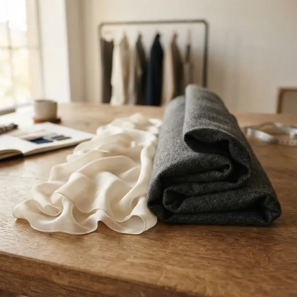 Lightweight and heavyweight apparel fabrics compared in a fashion studio